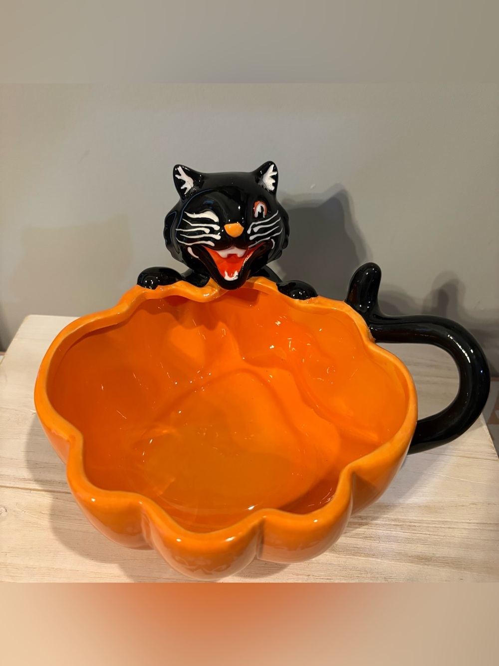 Magenta Orange Pumpkin-Shaped Ceramic Bowl with Black Cat Accent